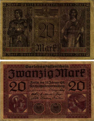 ГЕРМАНИЯ 20 МАРОК 1918 20 ФЕВРАЛЯ 1918, СЕРИЯ M, КРАСНАЯ, МИНЕРВА И МЕРКУРИЙ Pick 57, Rosenberg 55 бумага 7183-60-3-1