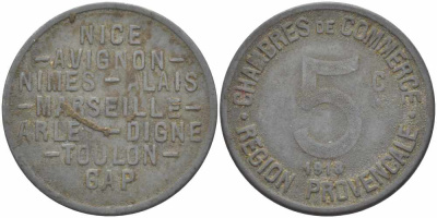 ФРАНЦИЯ 5 САНТИМОВ 1918 ПРОВИНЦИАЛЬНАЯ КОМЕРЧЕСКАЯ ПАЛАТА, ТОКЕН, НИЦА-АВИНЬОН-НИМ-АЛЕ-МАРСЕЛЬ-АРЛЬ-ДИНЬ-ТУЛОН-ГЭП цинк 108-111