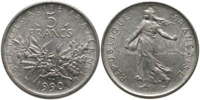 ФРАНЦИЯ 5 ФРАНКОВ 1990 СЕЯТЕЛЬ KM 926а.1 медно-никель плакированный никелем 111-422