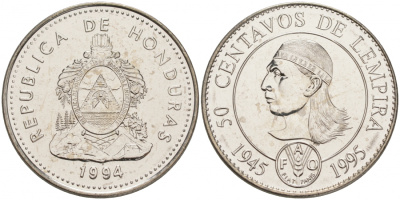 Гондурас 50 сентаво 1994 50 лет FAO, бюст касика Лемпира KM 88 сталь плакированная никелем UNC M22-01