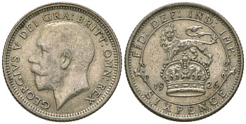 Великобритания 6 пенсов 1926 Георг V (1910-1936), есть зазор над буквой I KM 815a.1, Spink 4024 серебро 4615-1026