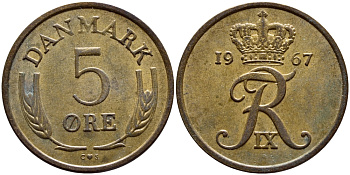 ДАНИЯ 5 ЭРЕ 1967 C; S, ФРЕДЕРИК IX (1947-1972) KM 848.1 бронза 4398-851