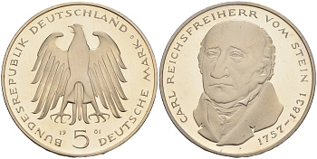 ФРГ 5 марок 1981 G, 150 лет со дня смерти Карла фон Штейна KM 155, J. 430 медно-никель плакированный никелем плакированный никелем PROOF 02-265-35