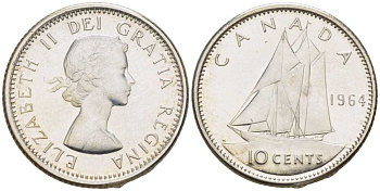КАНАДА 10 ЦЕНТОВ 1964 ЕЛИЗАВЕТА II (1952-), ПАРУСНИК KM 51 серебро UNC 206-242