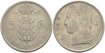 Бельгия 5 франков 1949 Леопольд III (1934-1950), Belgique KM 134.1 медно-никель 119-714