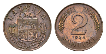 Латвия 2 сантима 1939 KM 11.2 бронза 4679-259