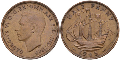 Великобритания 1/2 пенни 1945 Георг VI (1936-1952) KM 844, Spink 4115 бронза 4153-831