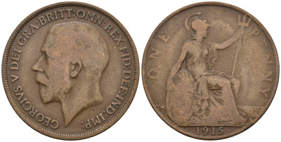 Великобритания 1 пенни 1915 Георг V (1910-1936) KM 810, Spink 4051 бронза 221-446