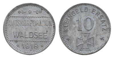 Вальдзее 10 пфеннигов 1918 Funck 569.2, Men05 29956.2, Men18 32638.2 цинк 4659-321