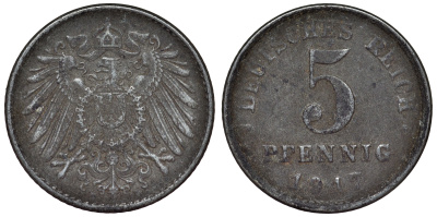 Германия 5 пфеннигов 1917 D KM 19, J. 297, Weege 5 железо 4118-1241