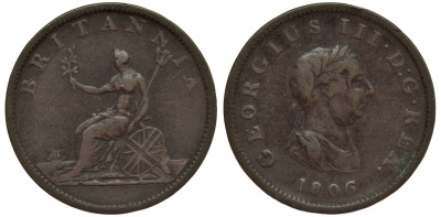 Великобритания 1/2 пенни 1806 Георг III (1760-1820) KM 662, Spink 3781 медь 4111-511