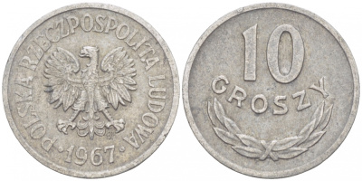 Польша 10 грошей 1967 MW KM AA47, Parchimowicz 206f алюминий 112-555