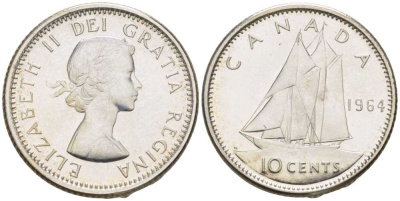 КАНАДА 10 ЦЕНТОВ 1964 ЕЛИЗАВЕТА II (1952-), ПАРУСНИК KM 51 серебро UNC 206-242