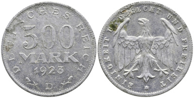 ГЕРМАНИЯ 500 МАРОК 1923 D KM 36, J. 305 алюминий 38-322