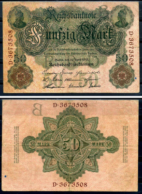 Германия 50 марок 1910 Pick 41 бумага 7523-22-3-2
