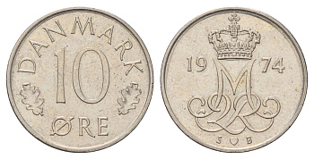 Дания 10 эре 1974 Маргрете II (1972-2024) KM 860 медно-никель 4679-1265