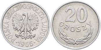 ПОЛЬША 20 ГРОШЕЙ 1966 MW KM А47, Parchimowicz 208f алюминий 216-933