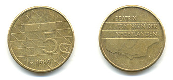 Нидерланды 5 гульденов 1989 Беатрикс (1980-2013) KM 210 никель плакированный бронзой 84-1026