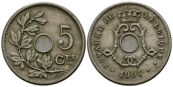 Бельгия 5 сантимов 1904 Belgique KM 54 медно-никель 4173-349