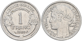 Франция 1 франк 1945 LB, тип Lourde, правительство Виши KM 902.1, LE FRANC 222.2 алюминий 4143-621