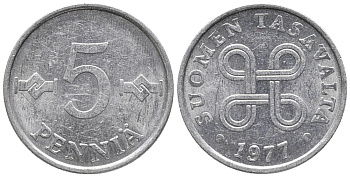 ФИНЛЯНДИЯ 5 ПЕННИ 1977 KM 45а алюминий 100-1265