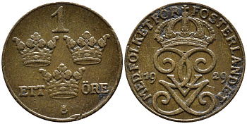 Швеция 1 эре 1929 Густав V (1907-1950) KM 777.2 бронза 4387-1167