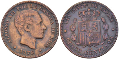 ИСПАНИЯ 5 СЕНТИМО 1879 ОМ, АЛЬФОНСО XII (1874-1885) KM 674 бронза 31-1053