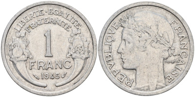 Франция 1 франк 1945 LB, тип Lourde, правительство Виши KM 902.1, LE FRANC 222.2 алюминий 4143-621