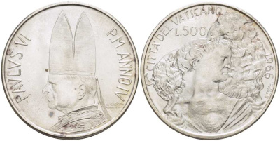 Ватикан 500 лир 1966 IV год, Иоанн XXIII (1958-1963), пастух с овечкой на плечах KM 91 серебро    4512-815