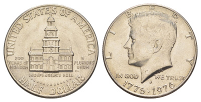 США 1/2 доллара (50 центов) 1976 D, 200 лет независимости, Джон Кеннеди KM 205 медь плакированная медно-никелем aUNC 4545-615