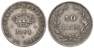 Португалия 50 реалов 1861 Педру V (1853-1861) KM 493 серебро 4611-255