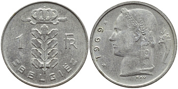 БЕЛЬГИЯ 1 ФРАНК 1969 BELGIE KM 143.1 медно-никель 4395-443