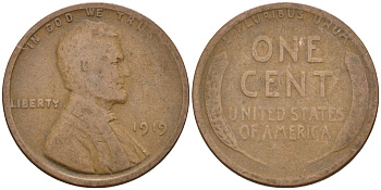 США 1 цент 1919 Линкольн KM 132 бронза 4115-759