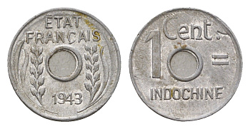 Французский Индокитай 1 сантим 1943 год-тип KM 26 алюминий 4147-953
