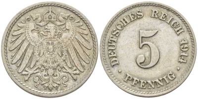 ГЕРМАНИЯ 5 ПФЕННИГОВ 1914 J KM 11, J. 12 медно-никель 105-218