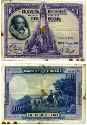Испания 100 песет 1928 Мигель де Сервантес Сааведра, памятник Сервантесу, картина Дон Кихот Pick 76 а бумага 8617-26-2-2