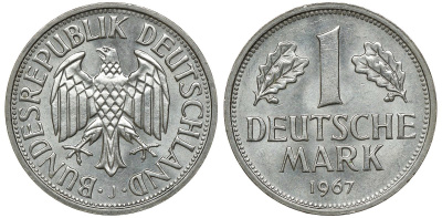 ФРГ 1 марка 1967 J J 385, KM 110 медно-никель aUNC 72-752