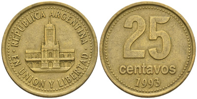Аргентина 25 сентаво 1993 ратуша Буэнос-Айреса KM 110, CJ 4.2.1, Schon 111 алюминиевая бронза    60-437