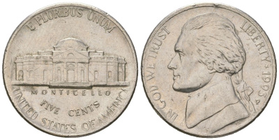 США 5 центов 1993 P, Томас Джефферсон KM A192 медно-никель aUNC 216-455