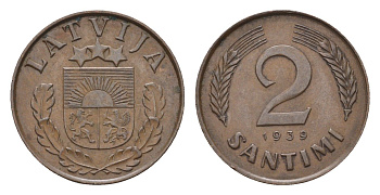Латвия 2 сантима 1939 KM 11.2 бронза 4689-936