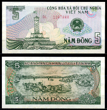 Вьетнам 5 донгов 1985 Ханойская башня Pick 92a бумага UNC (пресс) 446-18-3