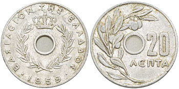 Греция 20 лепта 1959 Павел I (1947-1964), оливковая ветвь KM 79 алюминий 210-917
