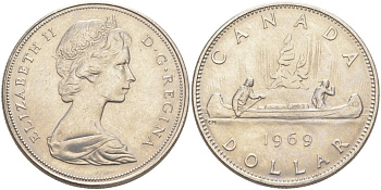 Канада 1 доллар 1969 Елизавета II (1952-2022), каноэ KM 76.1 никель aUNC 63-511