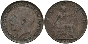Великобритания 1 фартинг 1925 Георг V (1910-1936), светлая отделка KM 808.2, Spink 4060 бронза 4596-953