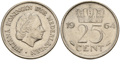 Нидерланды 25 центов 1964 Юлиана (1949-1980) KM 183 никель    4598-423