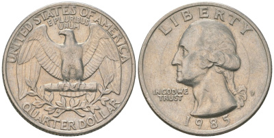 США 25 центов = квотер 1985 P, Вашингтон KM 164a медь плакированная медно-никелем 4595-955