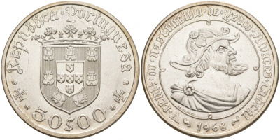 ПОРТУГАЛИЯ 50 ЭСКУДО 1968 500 ЛЕТ ПЕДРО АЛЬВАРЕСУ, НАВИГАТОРУ, ПЕРВООТКРЫВАТЕЛЮ БРАЗИЛИИ KM 593 серебро UNC 4537-1031