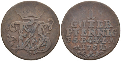 Саксен-Веймар-Эйзенах 1 пфенниг 1751 Фридрих III Гота-Альтенбургский (1749-1755) KM 2, Koppe 515, Slg. Merseburger 4121 медь 4383-463