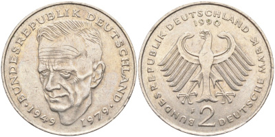 ФРГ 2 марки 1990 F, Курт Шумахер, 30 лет Федеративной Республике (1949-1979) KM 149, J. 424 медно-никель 4139-135