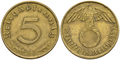 Германия 5 рейхспфеннигов 1937 A KM 91, J. 363 алюминиевая бронза 4151-741